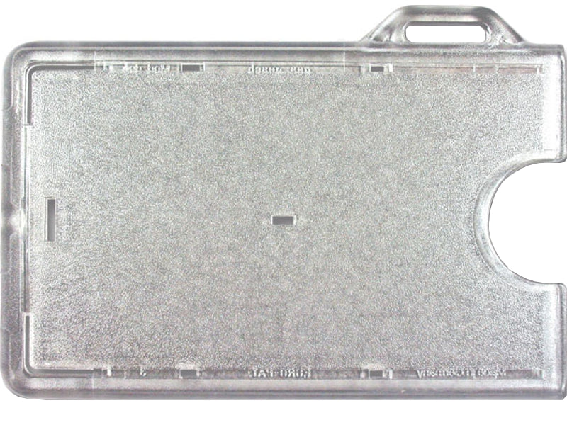 Landscape ID card holder with thumb slot and asymmetric long slot attachment